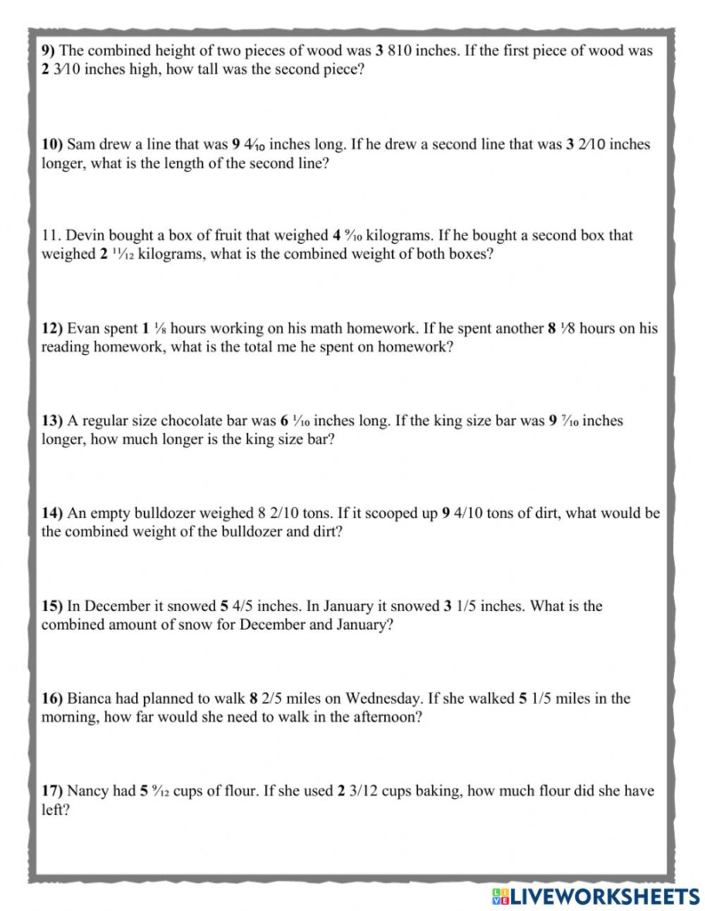 Add And Subtract Fraction Word Problems Worksheet