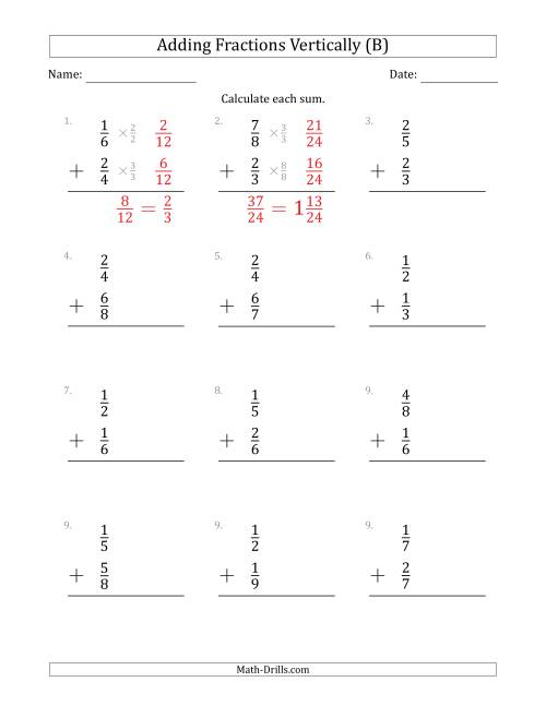 Adding Proper Fractions Vertically With Denominators From 2 To 9 B 