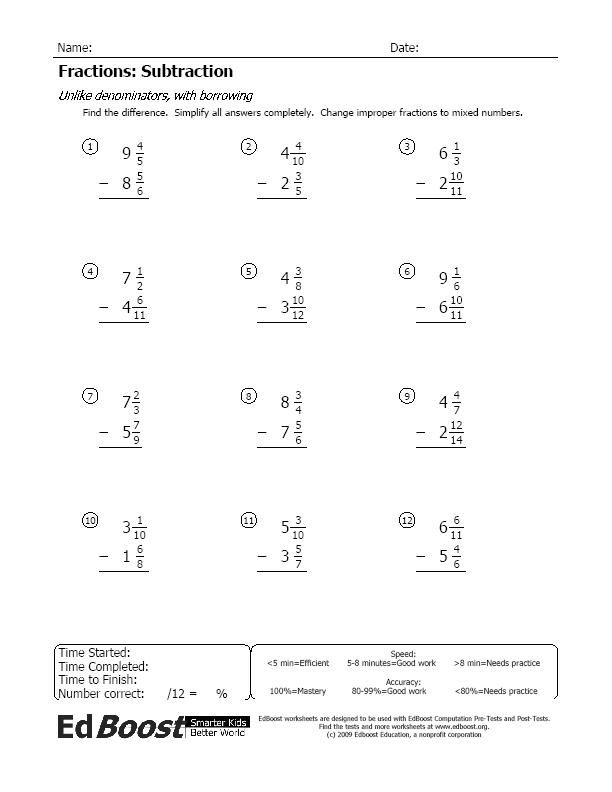 Subtracting Fractions With Borrowing Worksheets