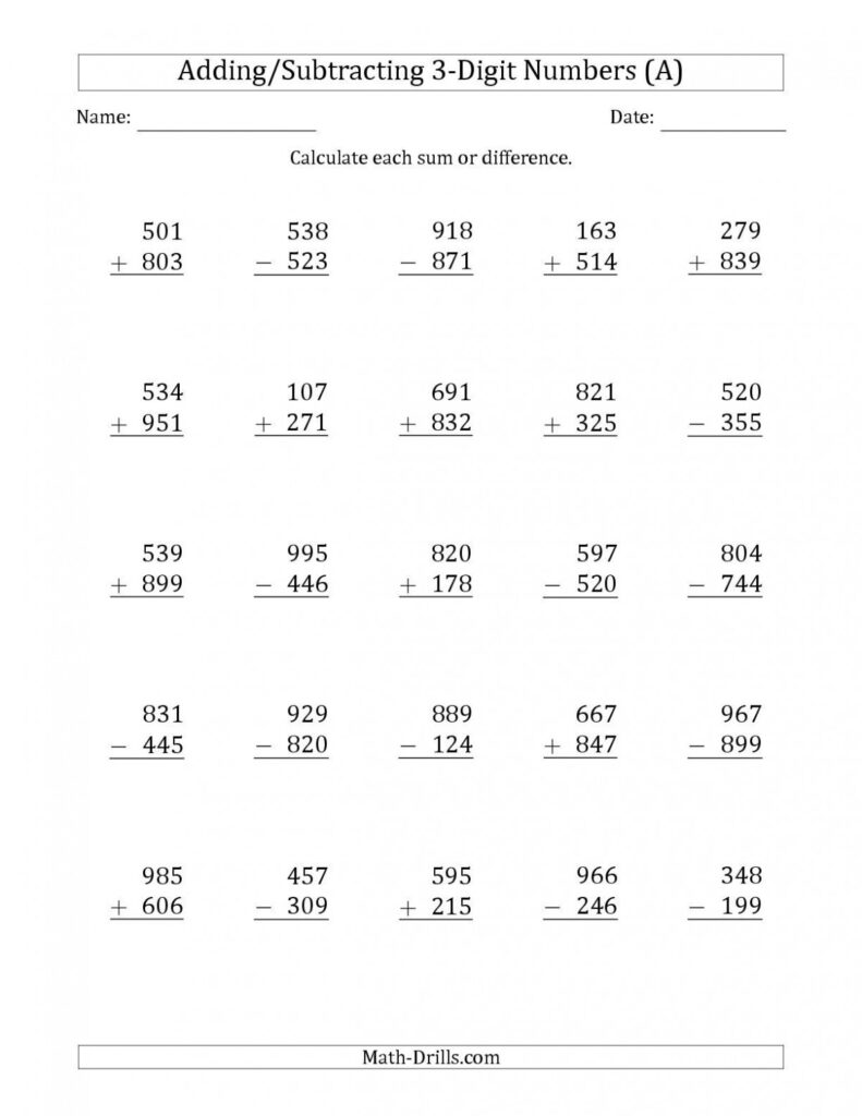 3 Digits Addition And Subtraction Worksheets Worksheet Hero