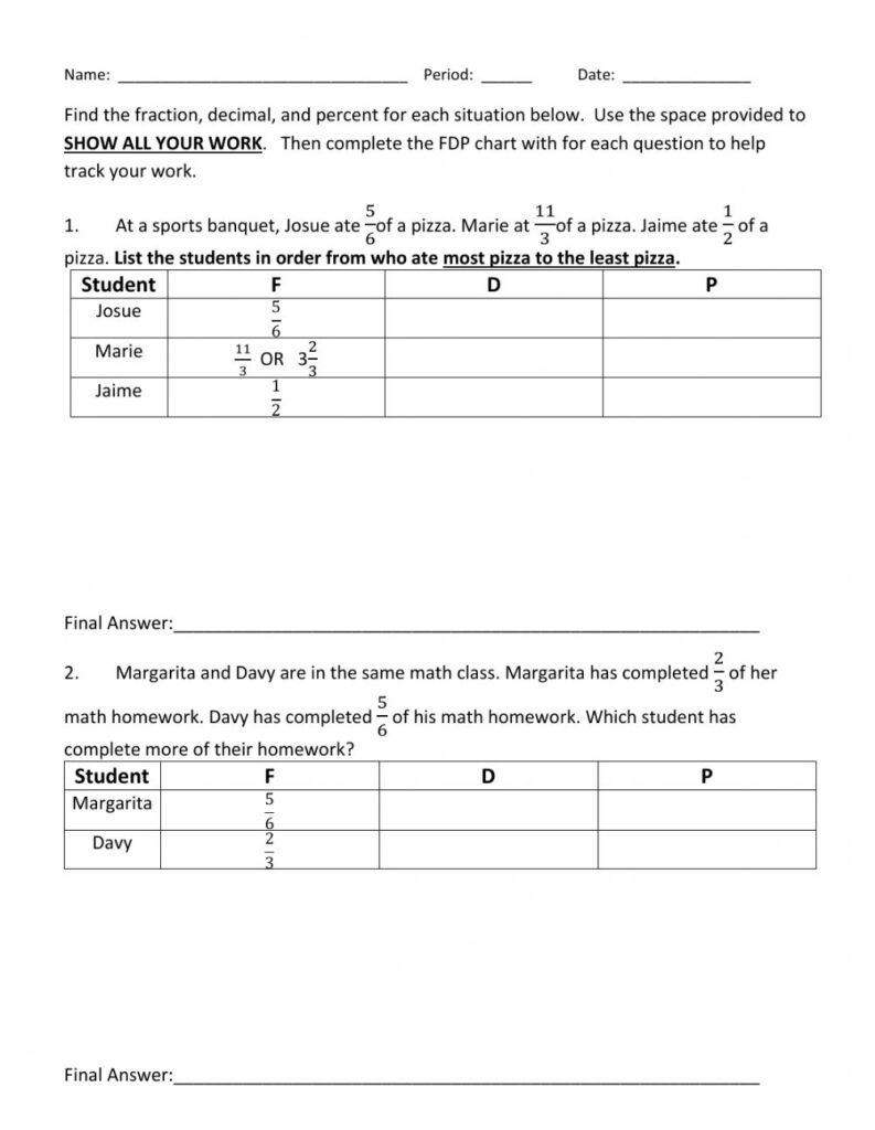Comparing And Ordering Fractions Decimals And Percents Word Problem 